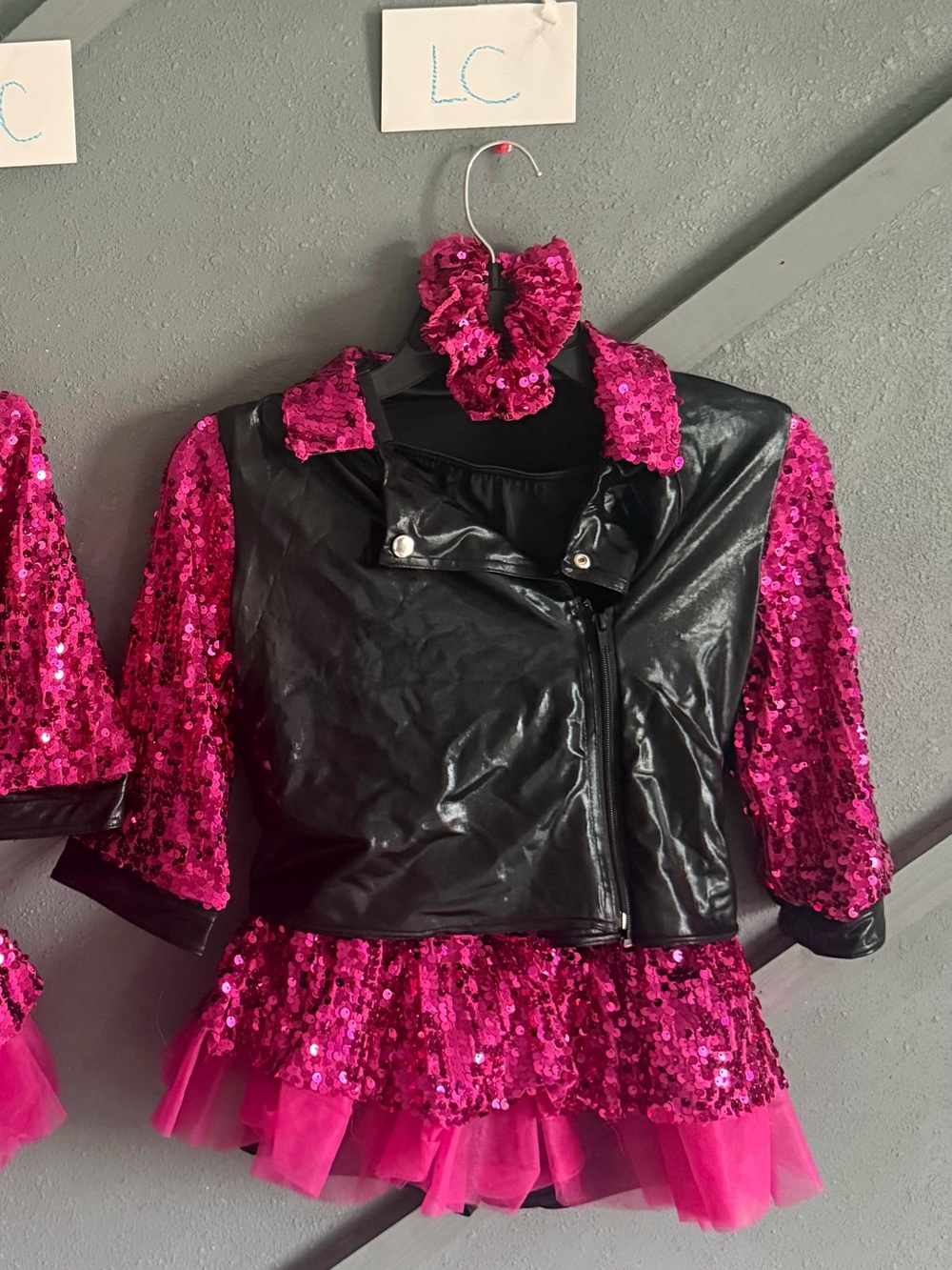 LC Pink Sequin Leo skirt and jacket costume. With scrunchie